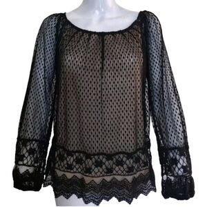 STUDIO M Blouse‎ Woman's S Black Nude Soft Sheer Stretch Lace Long Sleeves Tunic